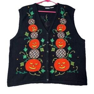 Bobbie Brown Vtg Women’s Sweater Knit Halloween Pumpkins Embroidered Sleeveless